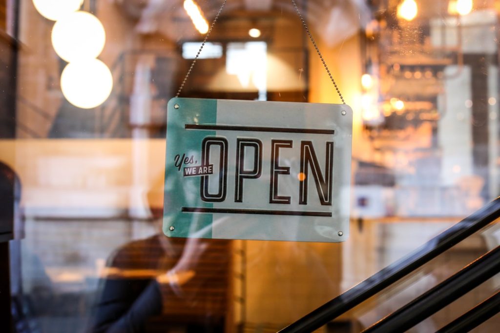 blue and white open sign