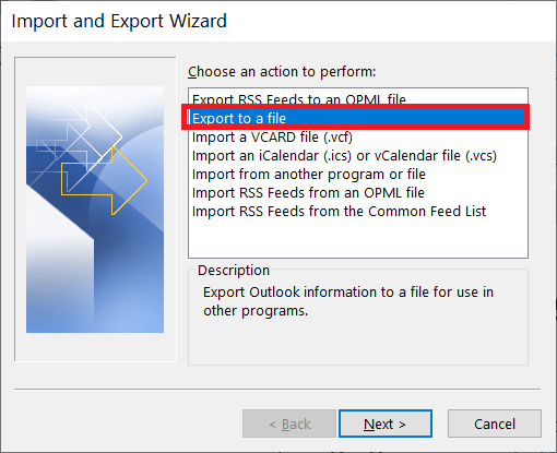 d Select the Export to file option and then click on Next