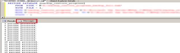   The restore process when run will progress and complete as shown below.