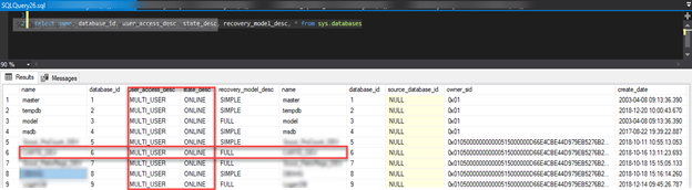As shown in results below, the restored database is ONLINE, set to FULL recovery model and allow multi-user access